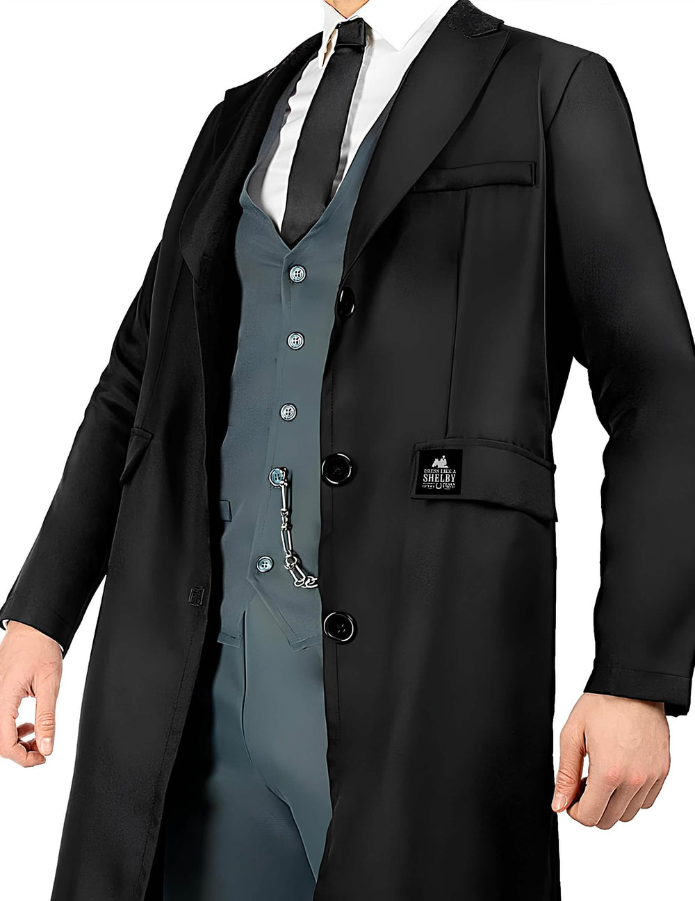 Gros plan sur le veston et le manteau du déguisement Tommy Shelby Peaky Blinders™