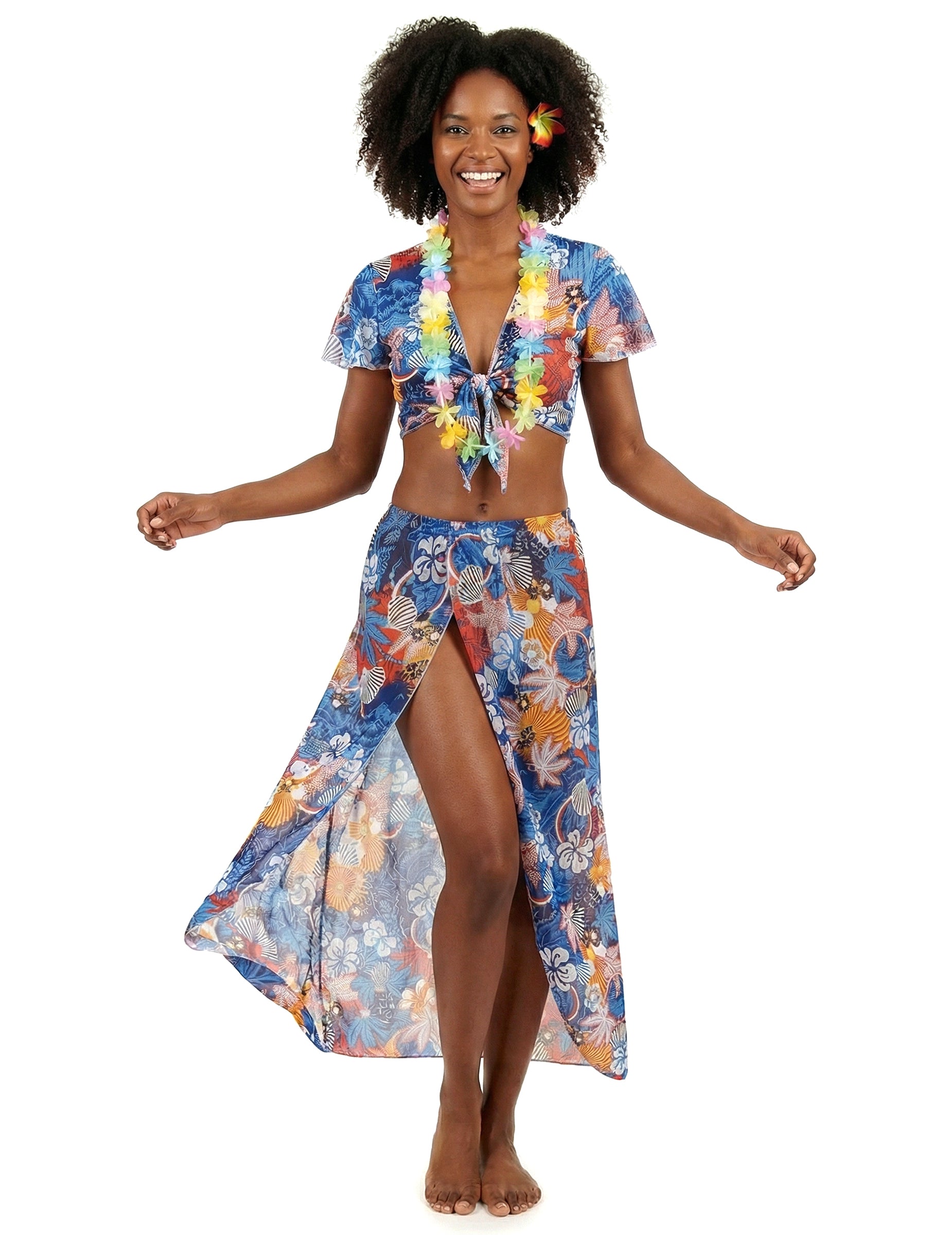 Costum de turist hawaian pentru femei, albastru cu motive tropicale, cu fustă lungă și colier de flori