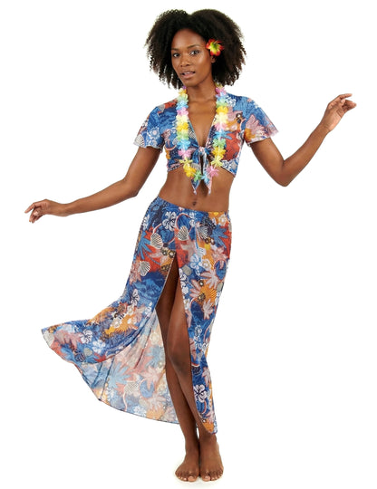 Vedere frontală cu fusta fendue a costumului de turist hawaian