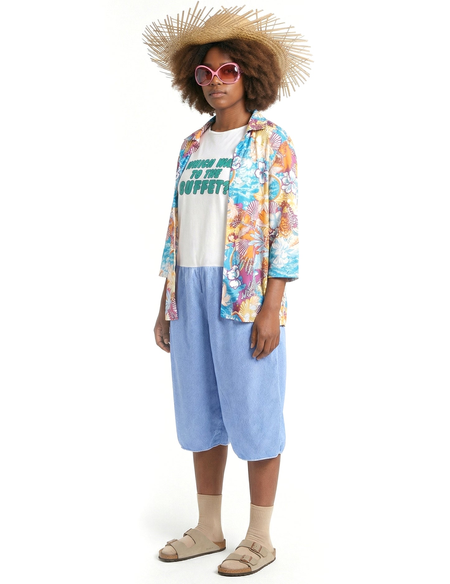 Vue de trois-quarts du déguisement de touriste kitsch pour adulte