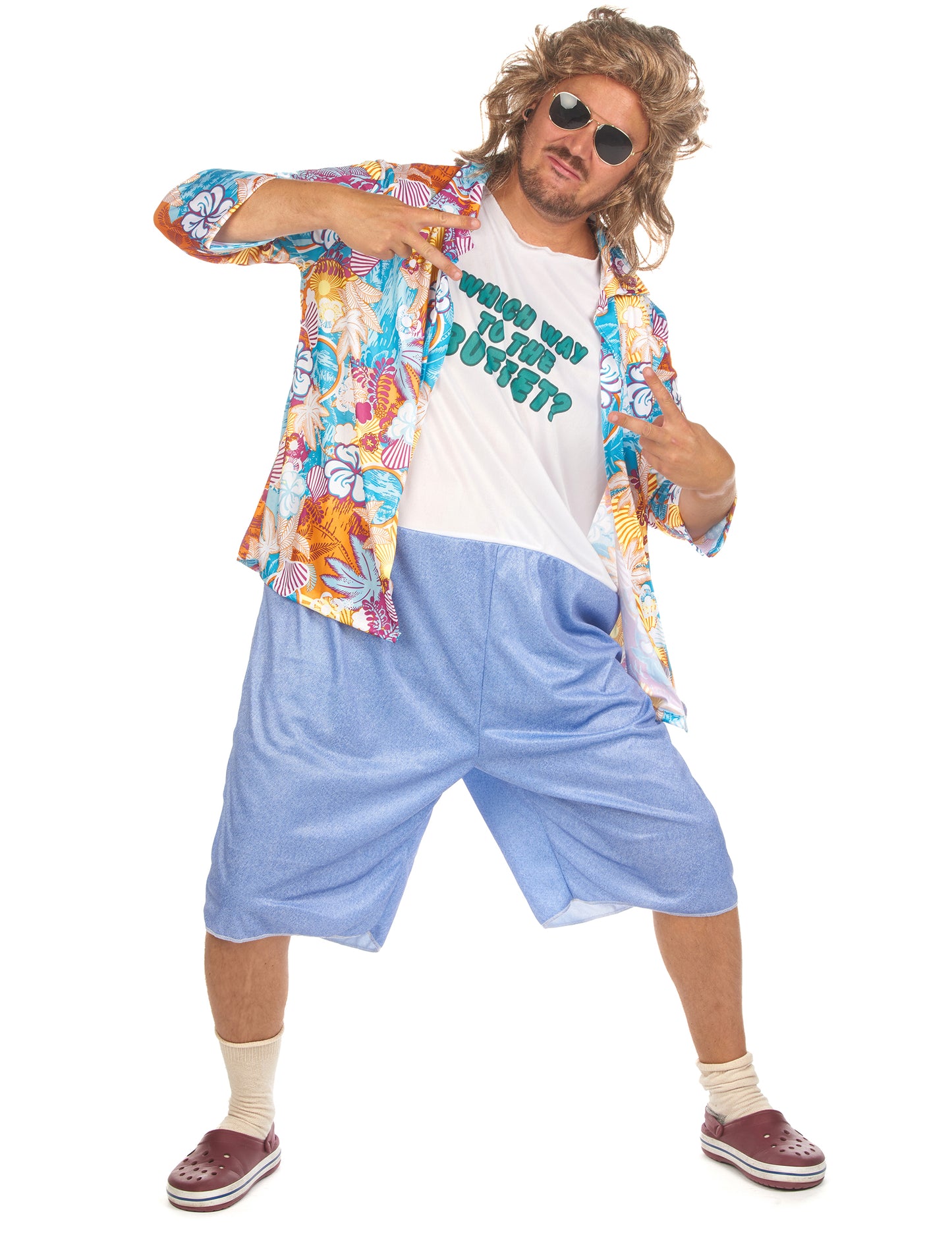 Pose avec signes de la paix du déguisement de touriste kitsch pour adulte