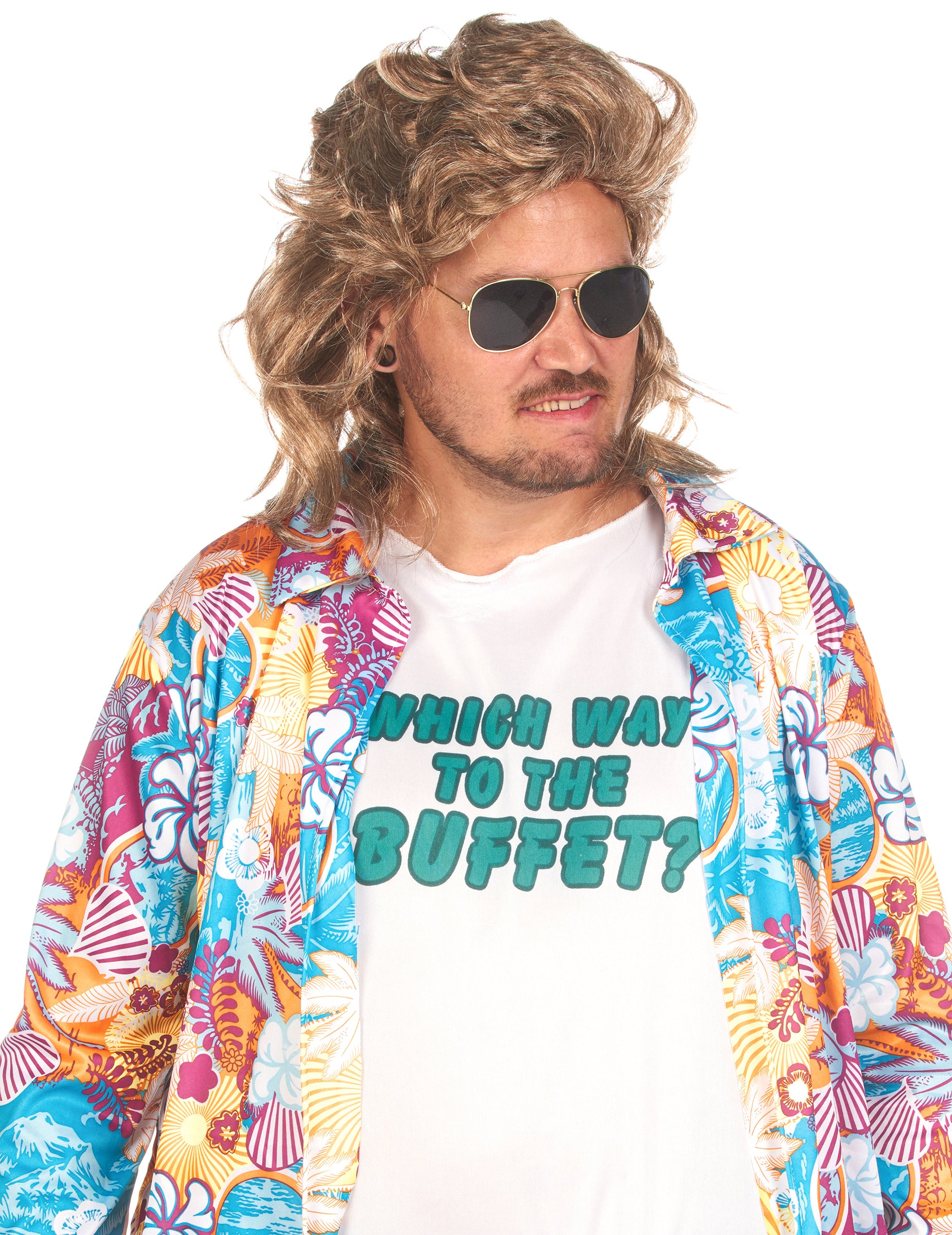 Gros plan sur le t-shirt et la perruque du déguisement de touriste kitsch pour adulte