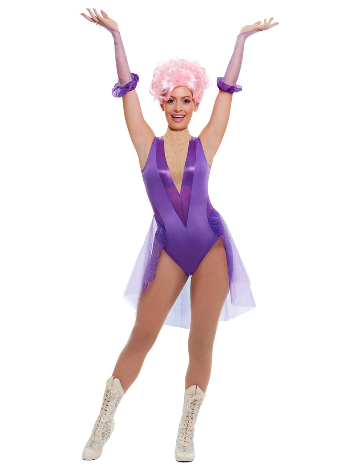 Costum de trapezist de circ pentru femeie mov cu body și voaluri transparente