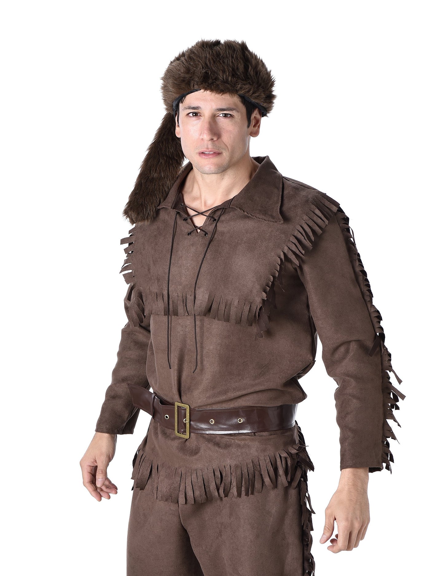 Gros plan sur le buste du déguisement trappeur pour homme