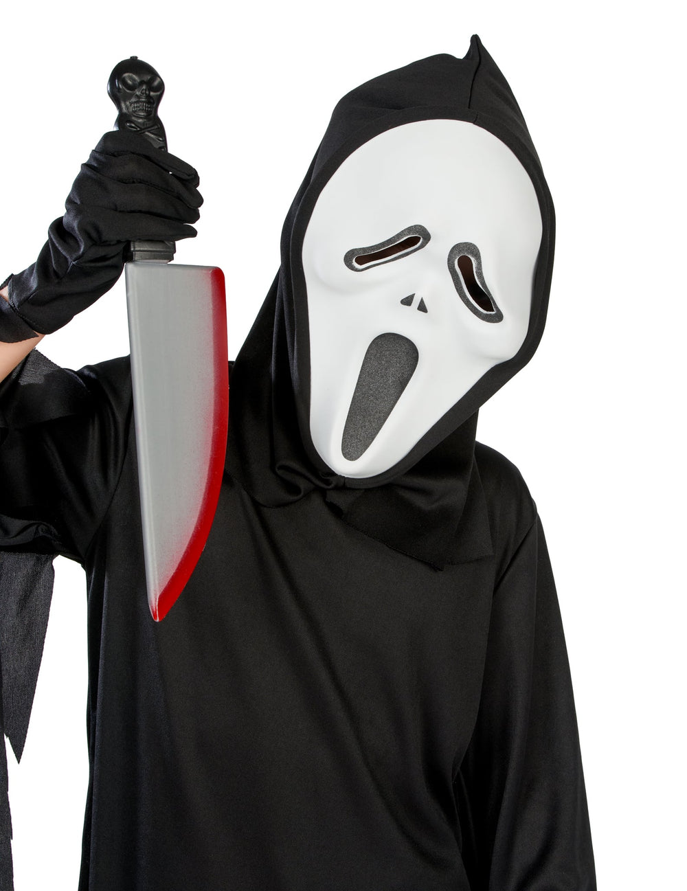 Gros plan sur le masque et le couteau du déguisement tueur de film d'horreur enfant