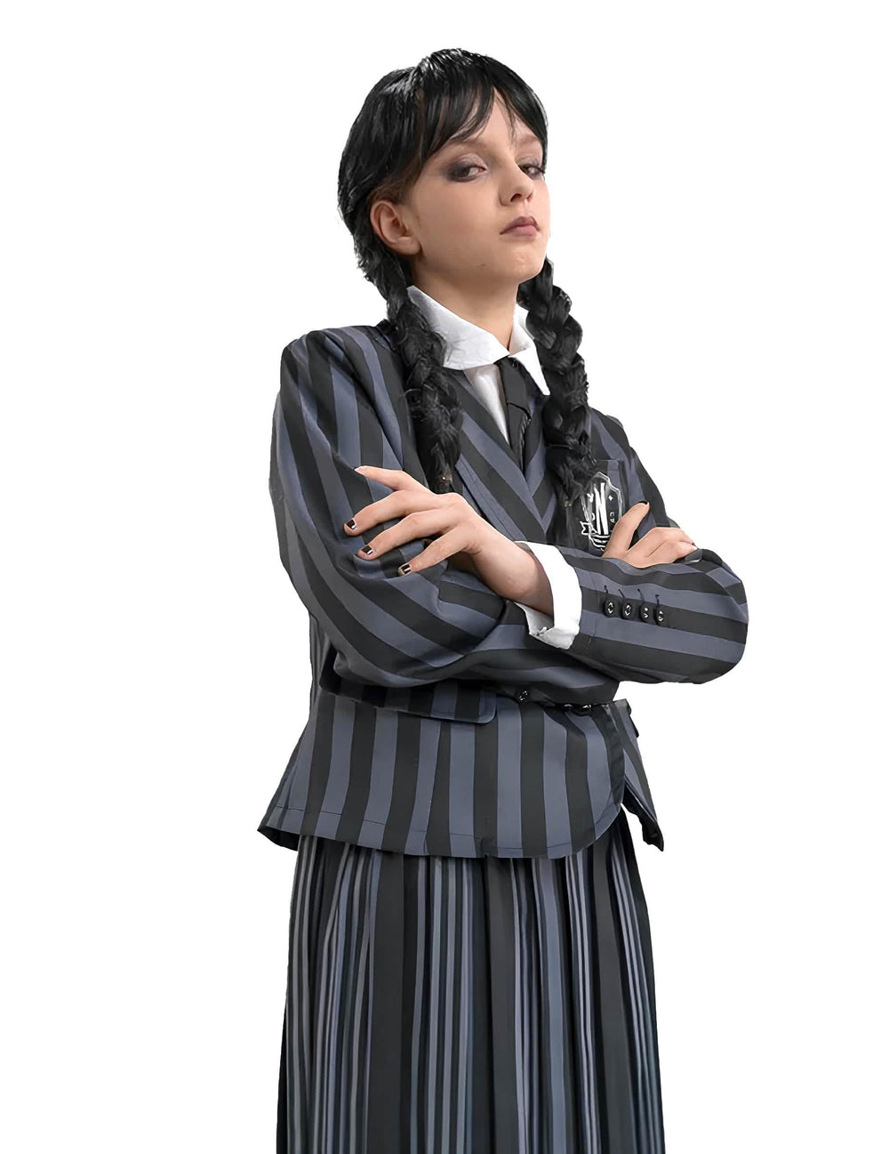 Détail de la veste et de l'écusson du déguisement uniforme Mercredi Addams Wednesday™