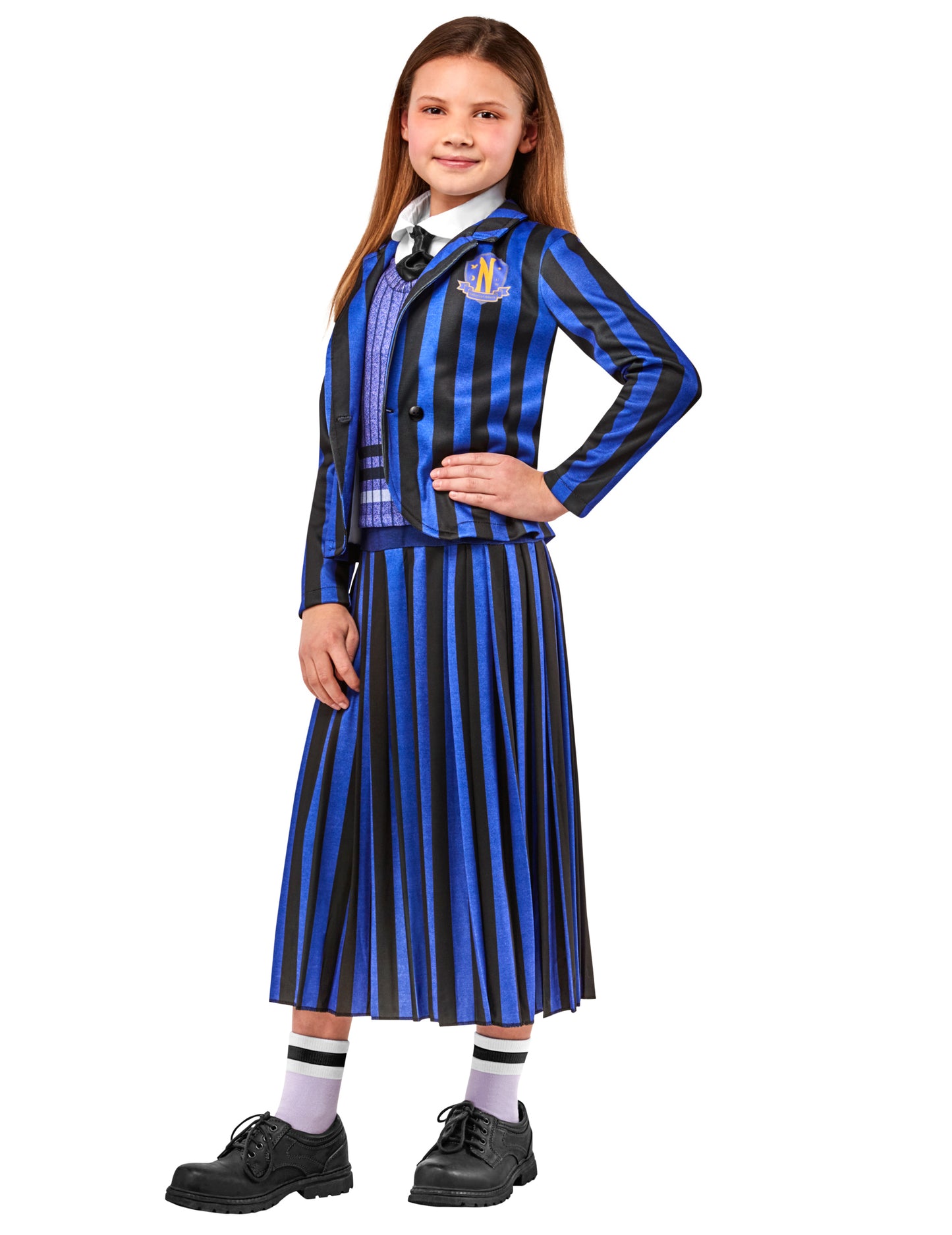 Vue de profil du déguisement uniforme scolaire Enid Wednesday pour enfant