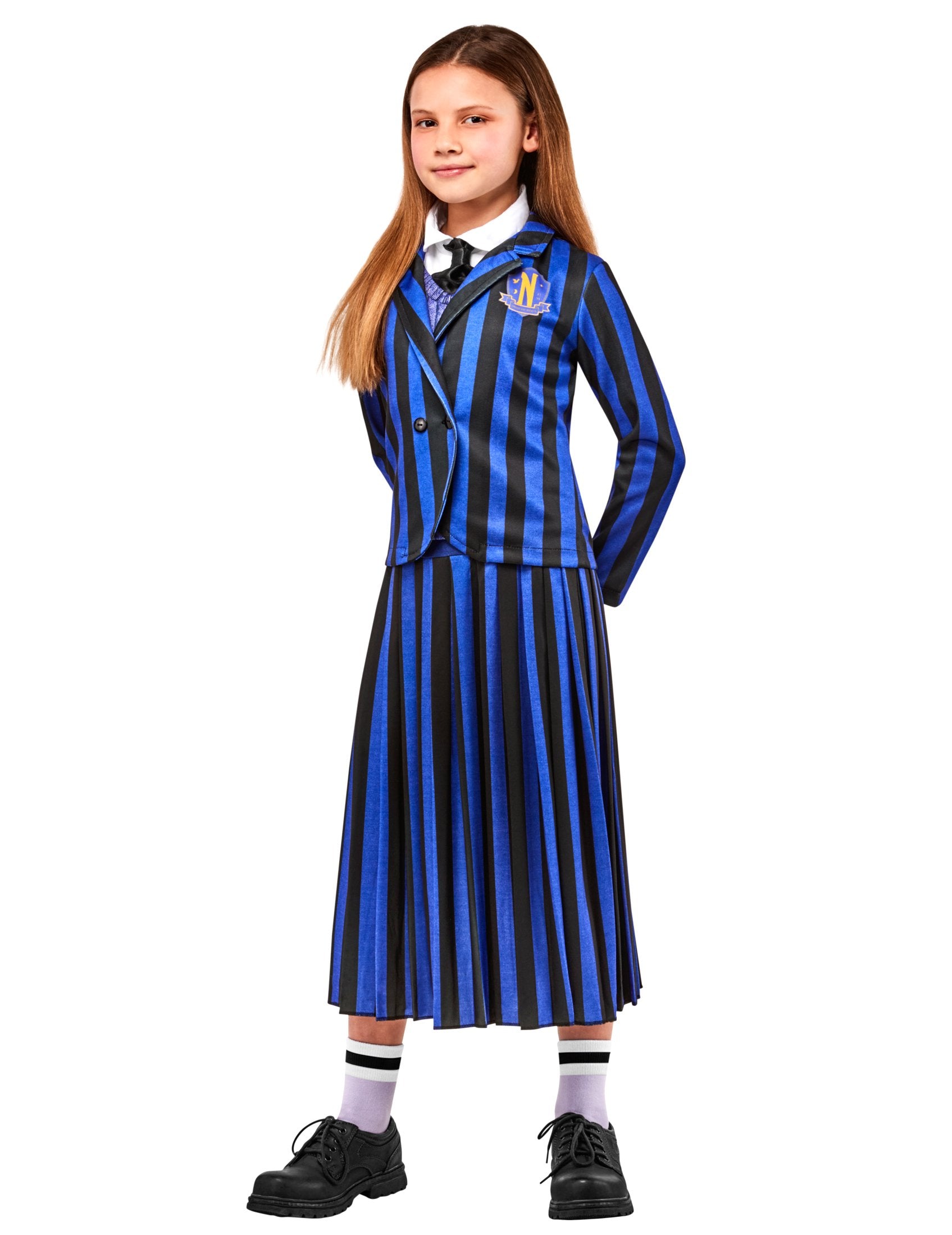 Vue de trois-quart du déguisement uniforme scolaire Enid Wednesday pour enfant