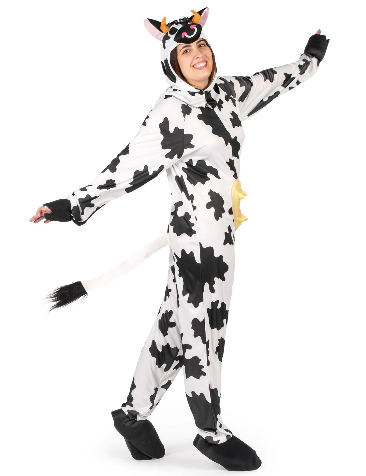 Vue de profil montrant la queue du déguisement de vache pour adulte