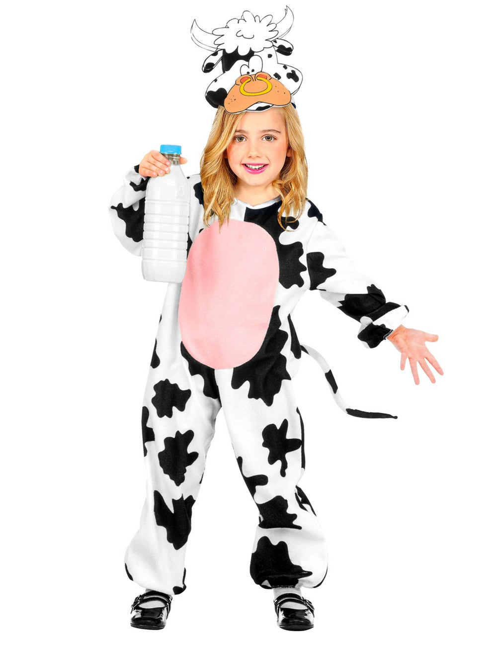 Déguisement de vache pour enfant blanc et noir avec ventre rose et coiffe