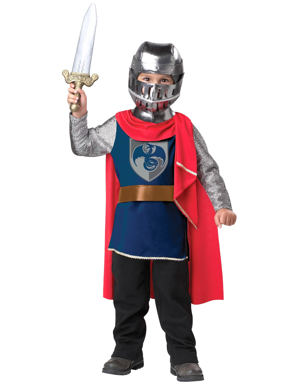 Costum de cavaler viteaz lux pentru copil albastru și roșu cu coif și sabie