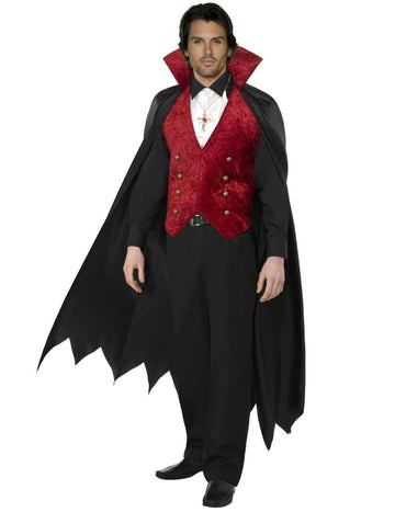 Déguisement de vampire avec cape pour homme noir et rouge avec gilet en velours