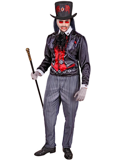 Déguisement de vampire dandy pour homme noir et rouge avec pantalon rayé et chapeau haut de forme