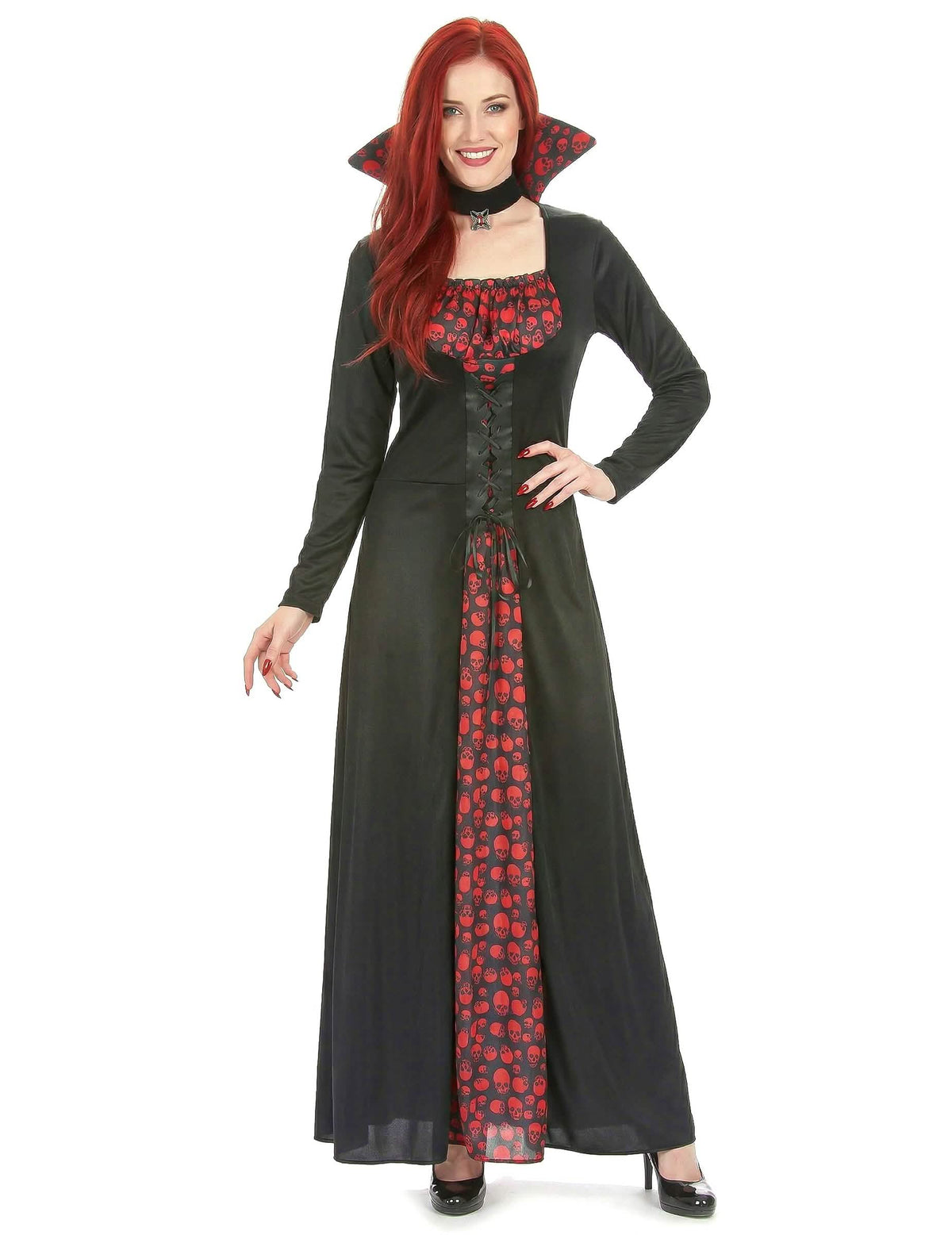 Costum elegant de vampir pentru femeie negru și roșu cu motive de cranii