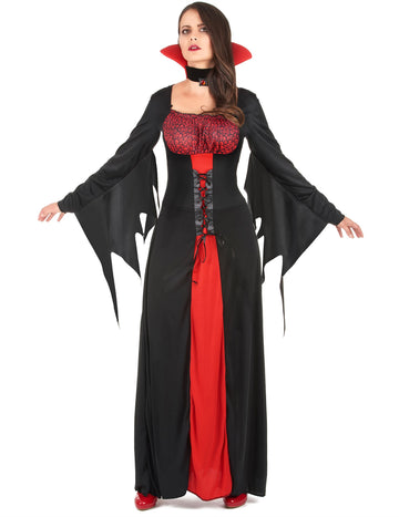 Déguisement vampire élégant pour femme noir et rouge avec col montant et manches évasées