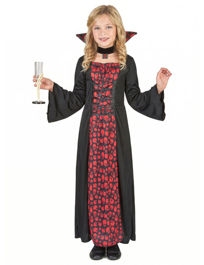 Déguisement de vampire pour fille noir et rouge à motifs têtes de mort avec collerette