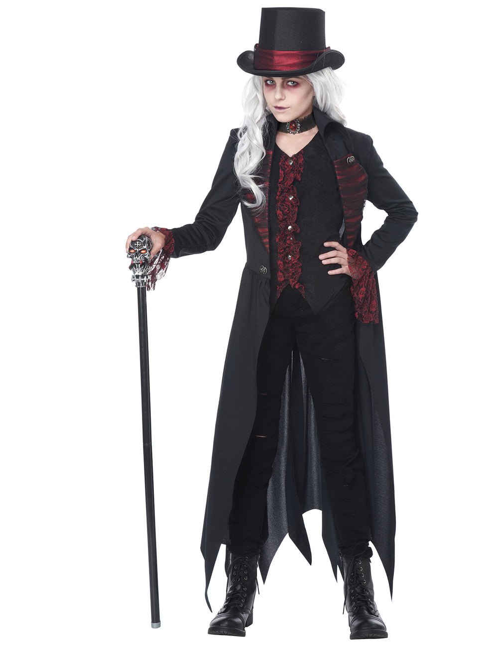 Déguisement vampire gothique luxe pour fille noir et rouge avec haut-de-forme