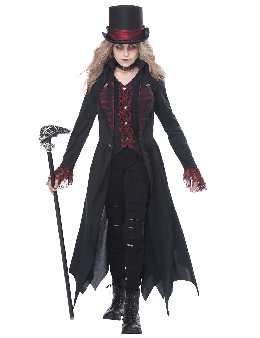 Vue de face avec canne du déguisement vampire gothique luxe pour fille