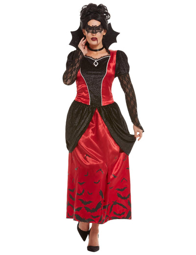 Déguisement de vampire gothique masquée pour femme rouge et noir avec chauves-souris