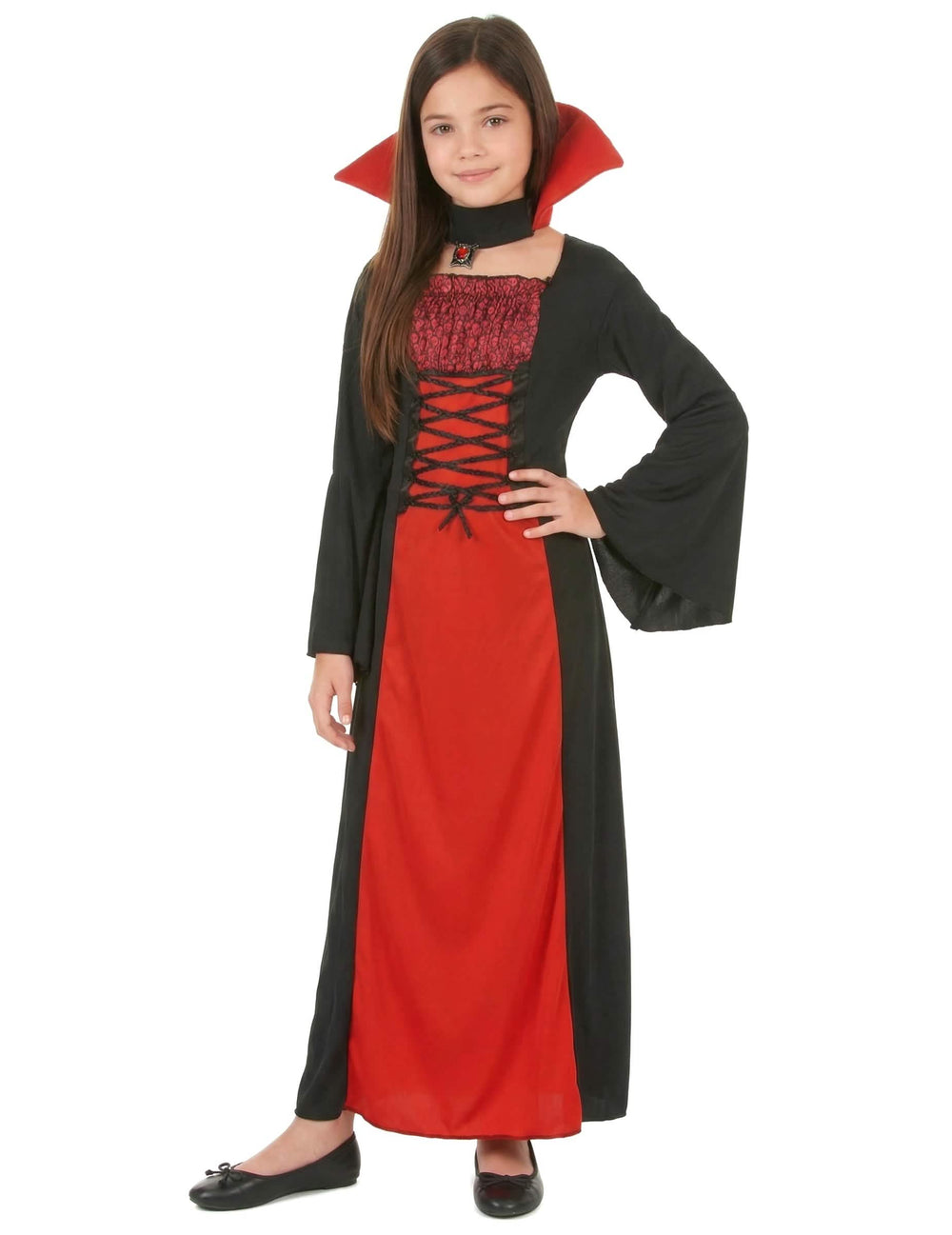 Costum de vampir lung pentru fată negru și roșu cu guler înalt