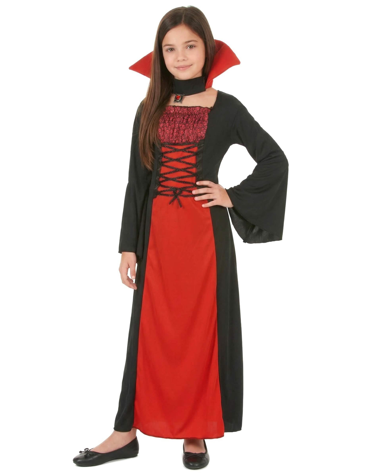 Costum de vampir lung pentru fată negru și roșu cu guler înalt