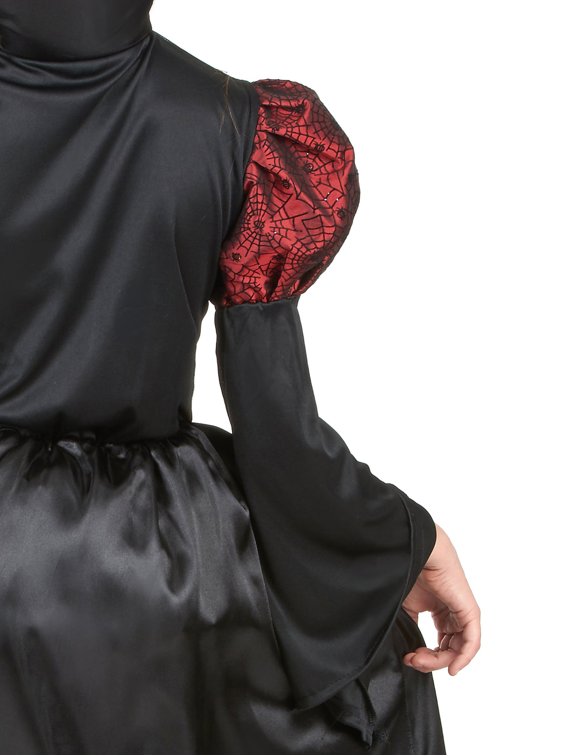 Détail de la manche à motifs toiles d'araignée du déguisement vampire manches bouffantes