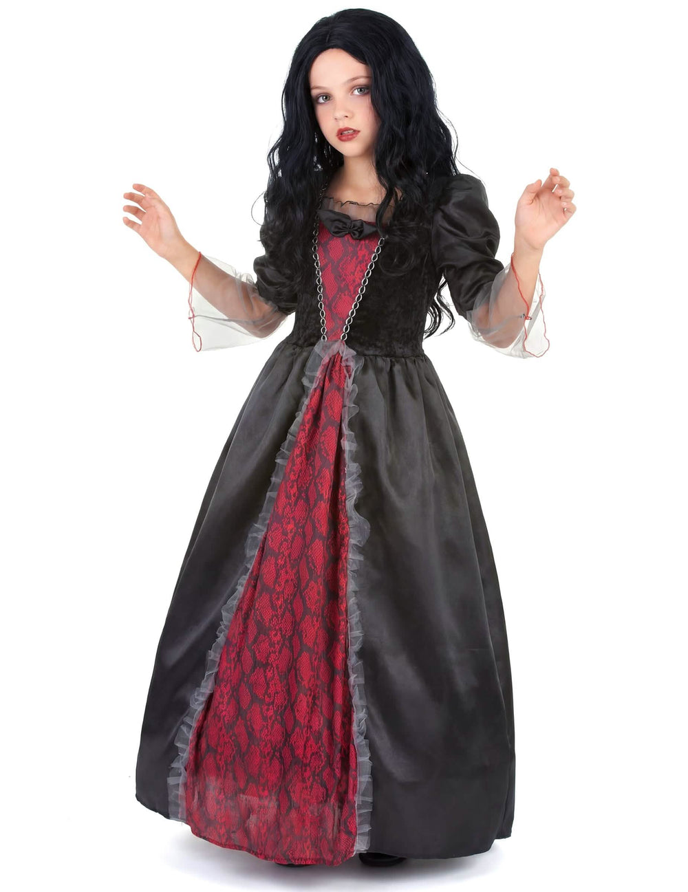 Costum de vampir pentru fată roșu și negru cu model de piele de șarpe