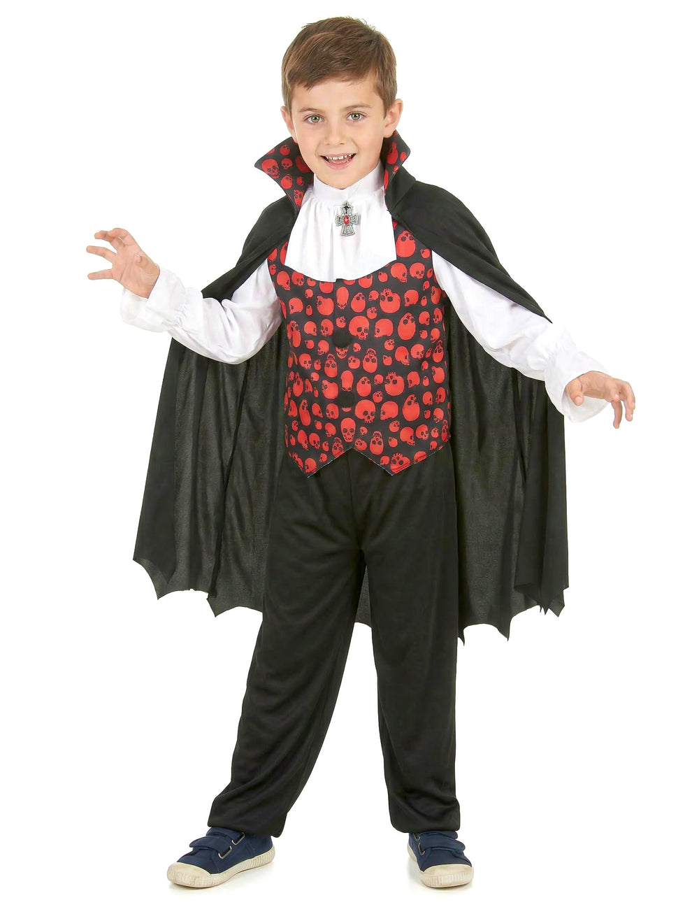 Déguisement de vampire pour garçon rouge avec gilet à motifs têtes de mort et cape noire