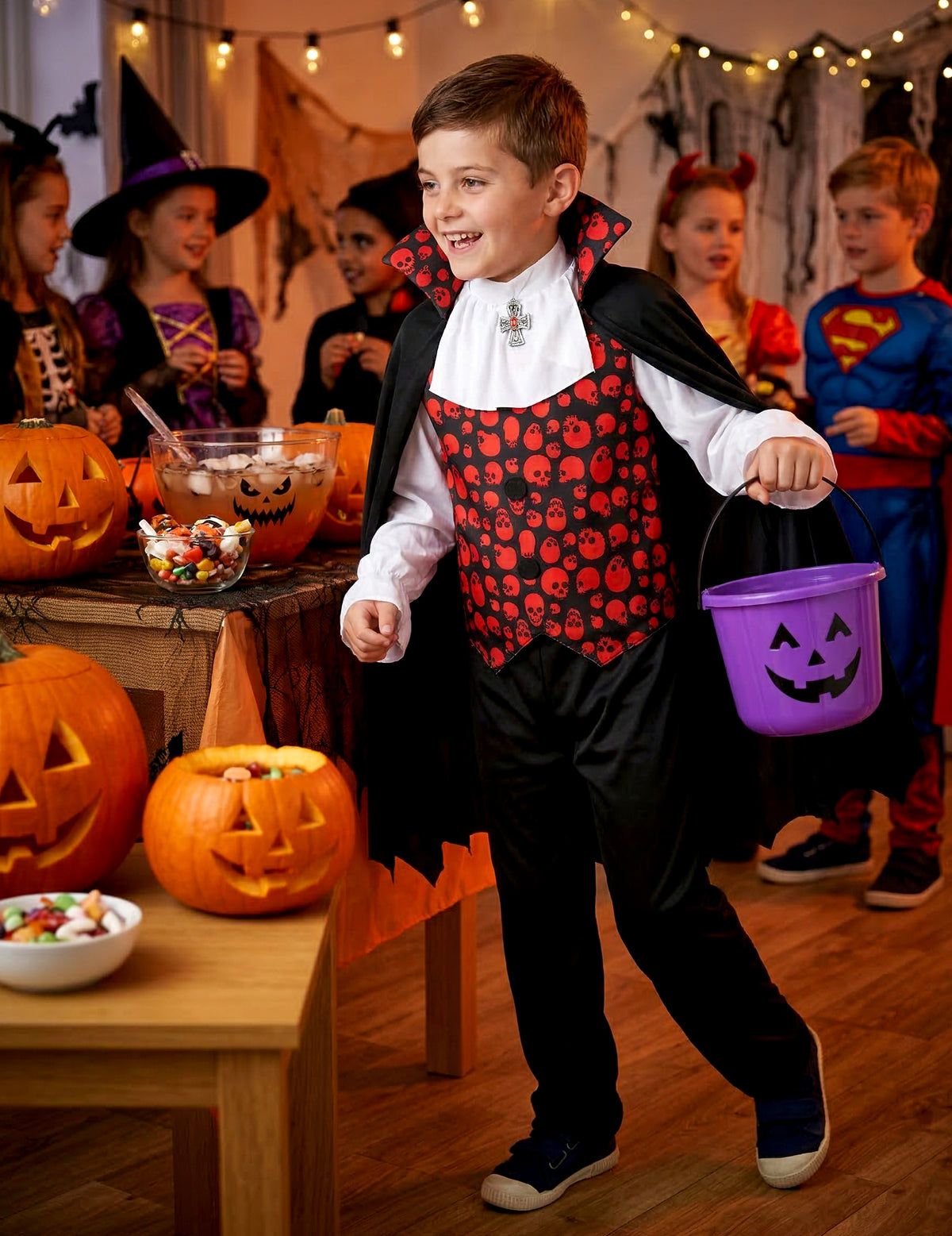 Mise en situation du déguisement de vampire pour garçon rouge