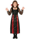 Déguisement Vampire satiné pour fille noir et rouge avec col et médaillon
