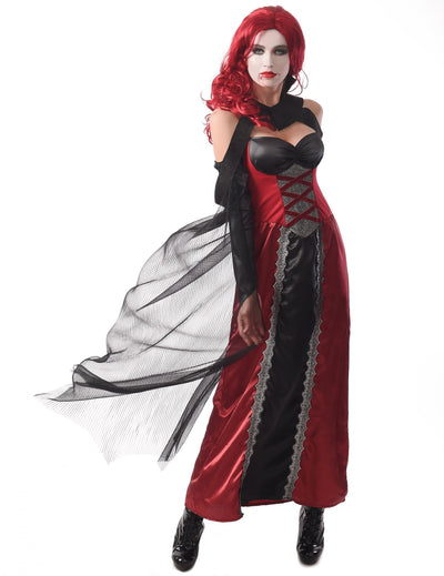 Costum de vampiriță sexy pentru femei, roșu și negru, cu voal din tul