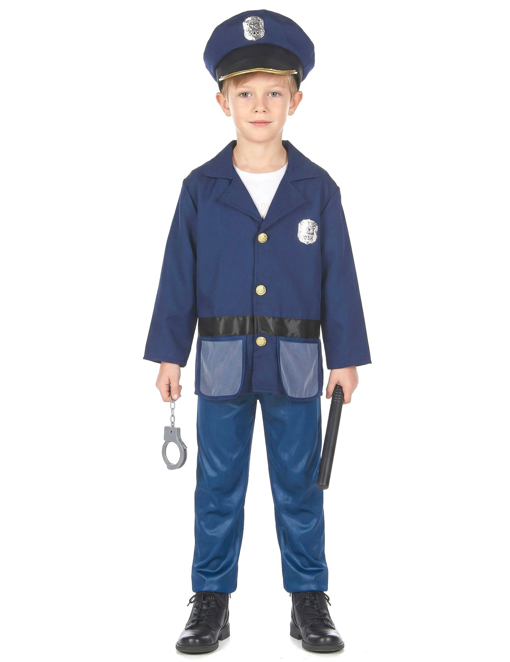 Vue de plein pied du déguisement avec accessoires policier pour enfant