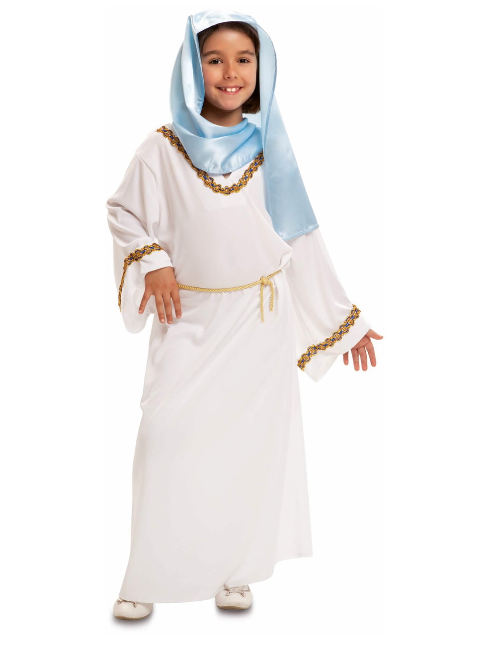 Déguisement Vierge Marie pour fille blanc et bleu avec ceinture dorée