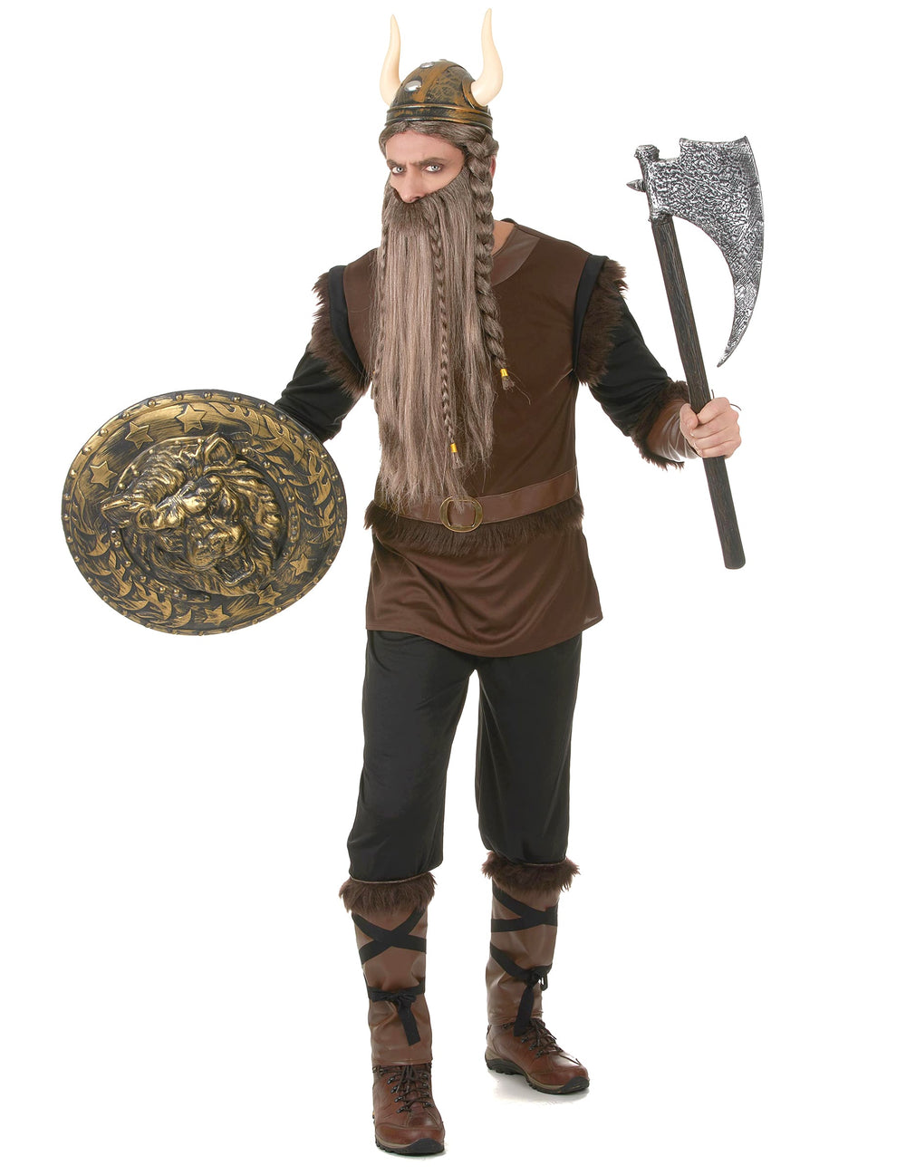 Vue de face avec hache et bouclier du déguisement Viking effet cuir