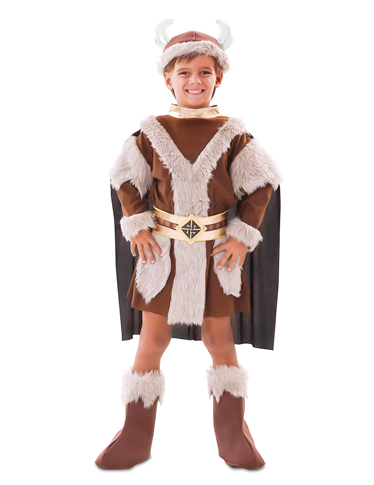 Déguisement viking pour garçon marron avec fourrure et casque à cornes