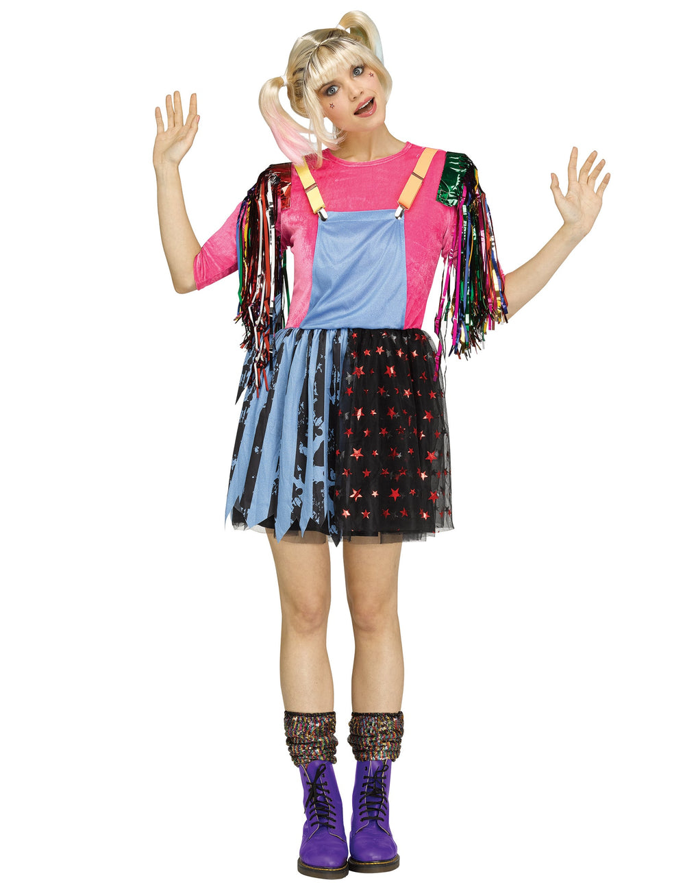 Déguisement vilaine arlequine pour femme rose bleu et noir avec franges multicolores