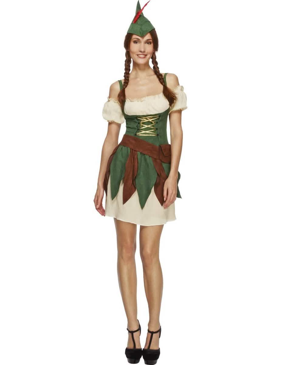 Costum sexy de hoață din pădure pentru femeie, verde și maro, cu pălărie cu pană