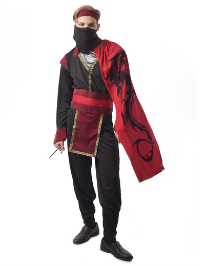 Costum de ninja dragon pentru bărbați, roșu și negru, cu mască