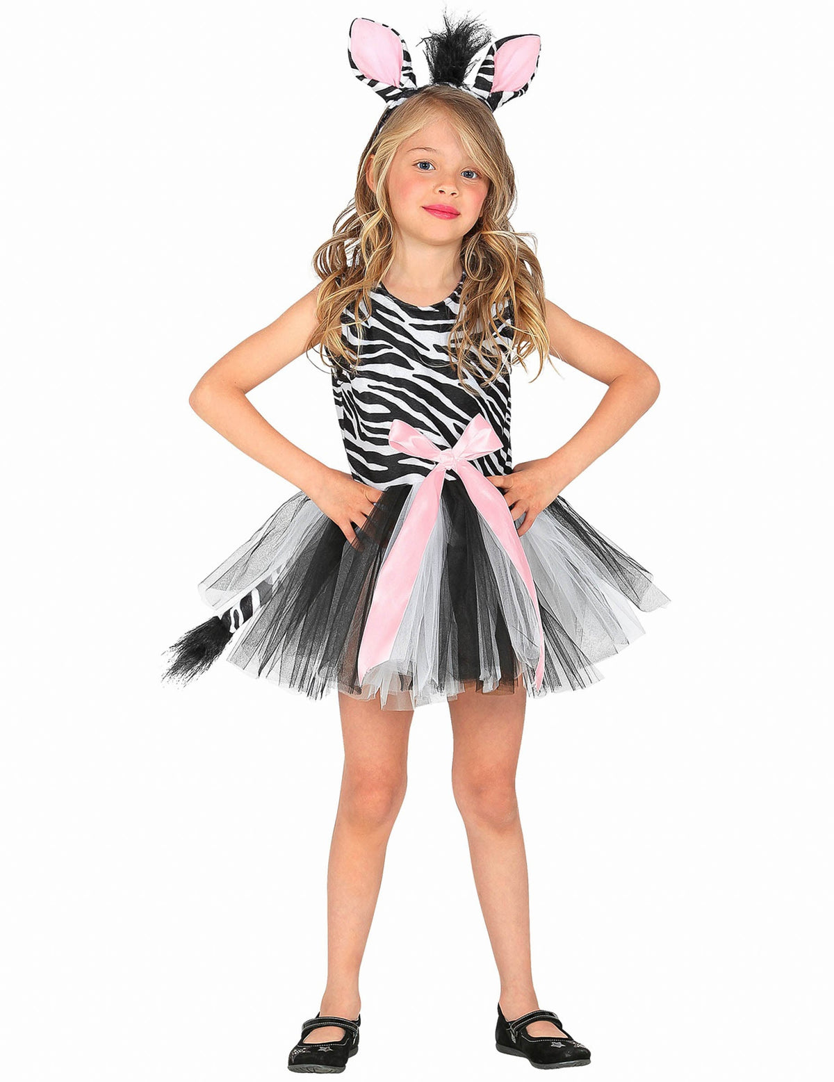 Déguisement zèbre tutu pour fille noir et blanc avec nœud rose et serre-tête