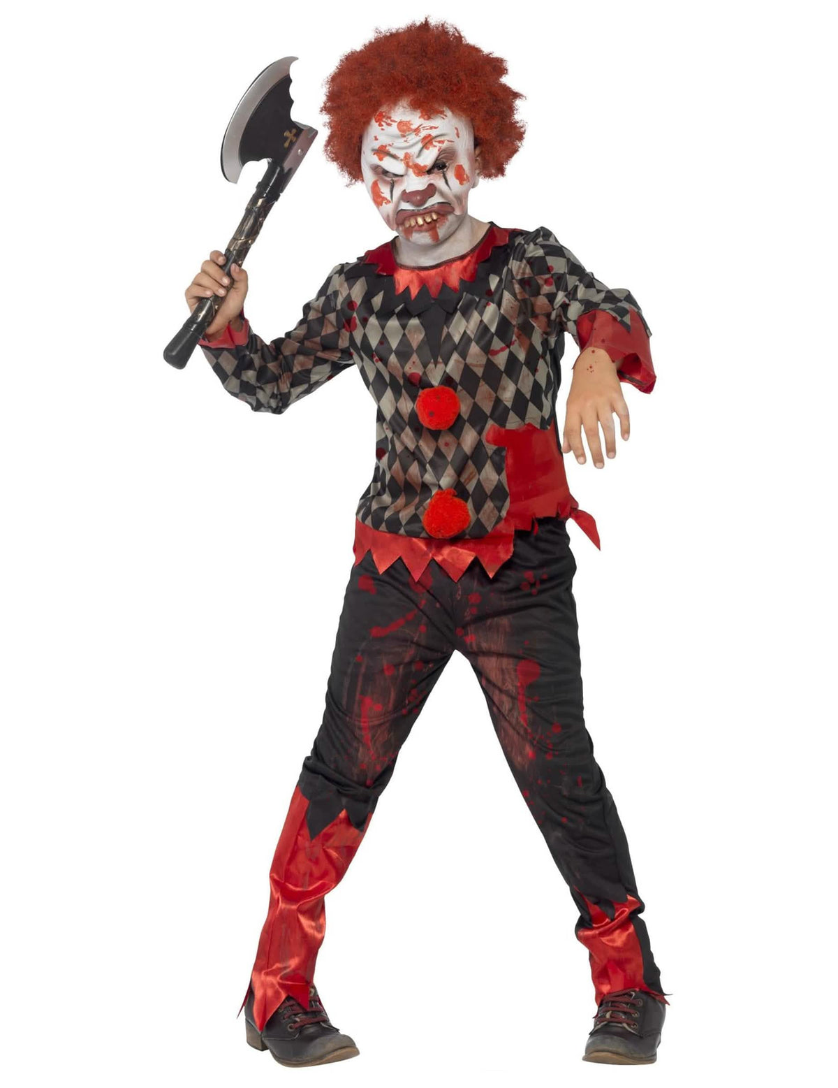 Pus în scenă cu securea costumului de zombi clovn