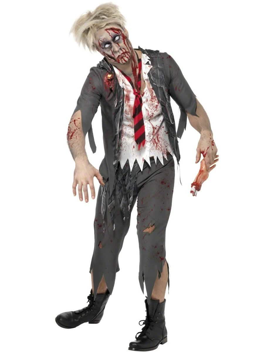 Costum de zombi școlar pentru bărbat gri și alb însângerat