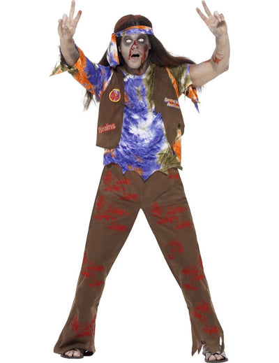 Costum de zombie hippie pentru bărbați, maro și multicolor, cu pete de sânge