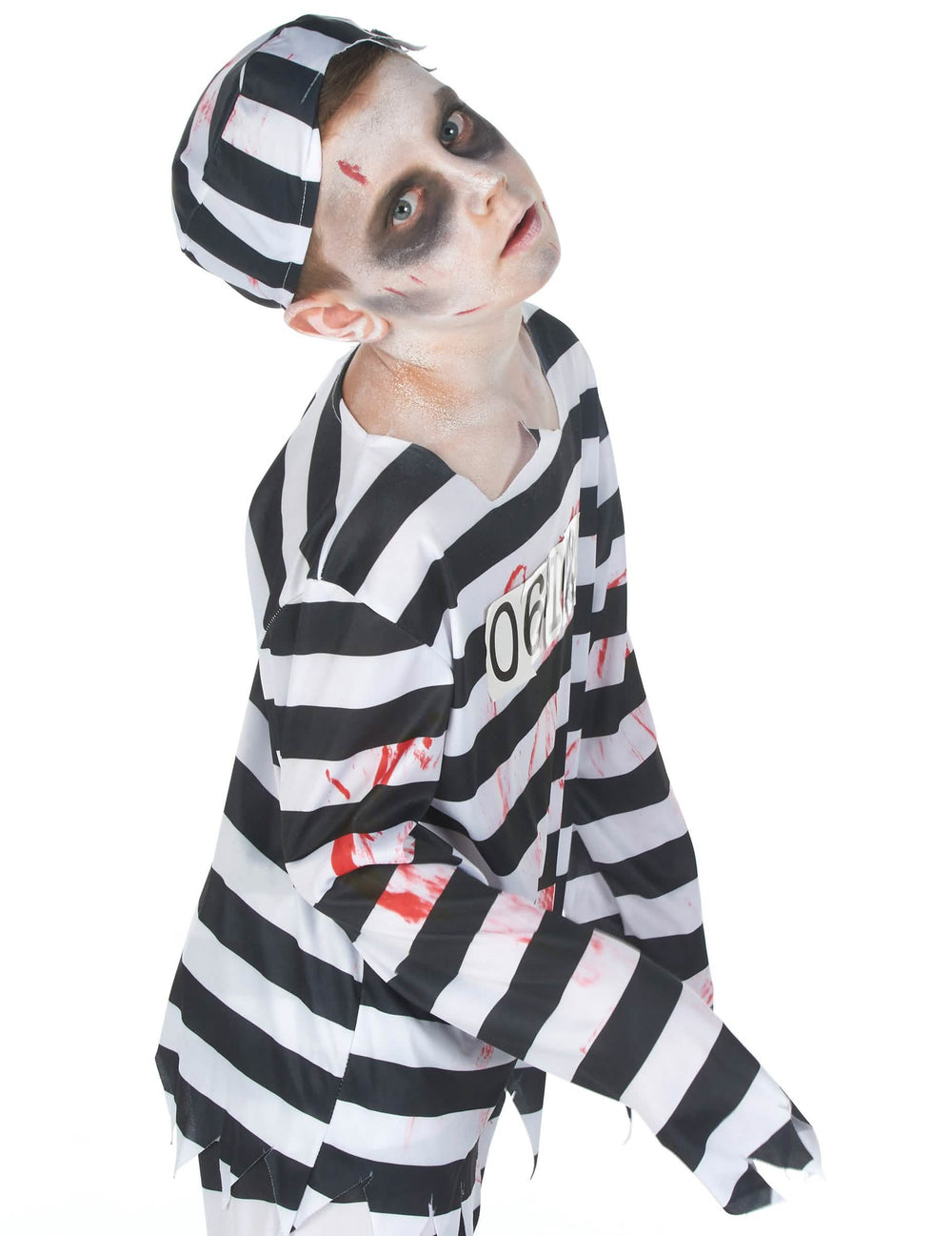 Detaliu al părții de sus însângerate și al numărului matricol al costumului zombi de prizonier pentru băiat halloween