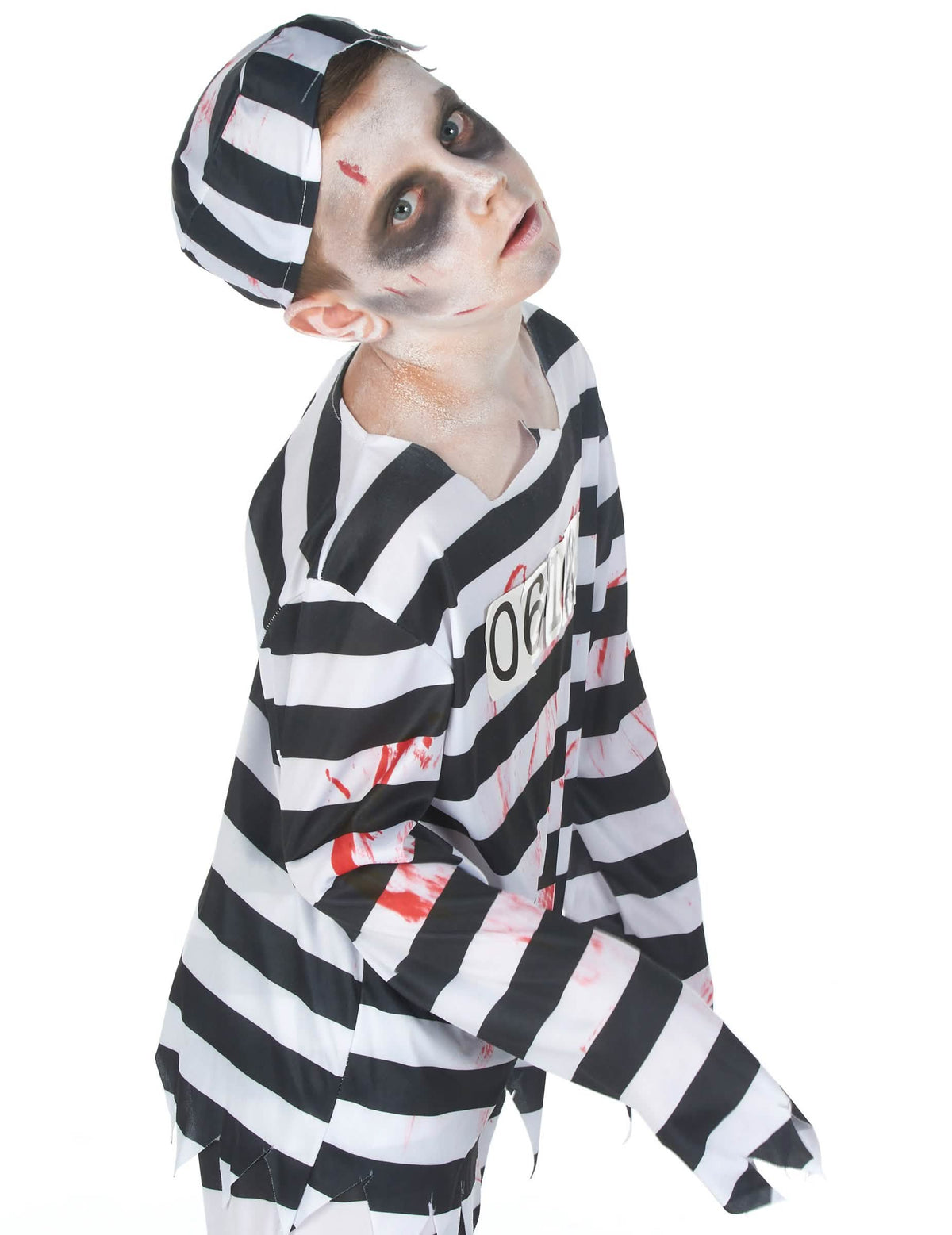 Detaliu al părții de sus însângerate și al numărului matricol al costumului zombi de prizonier pentru băiat halloween
