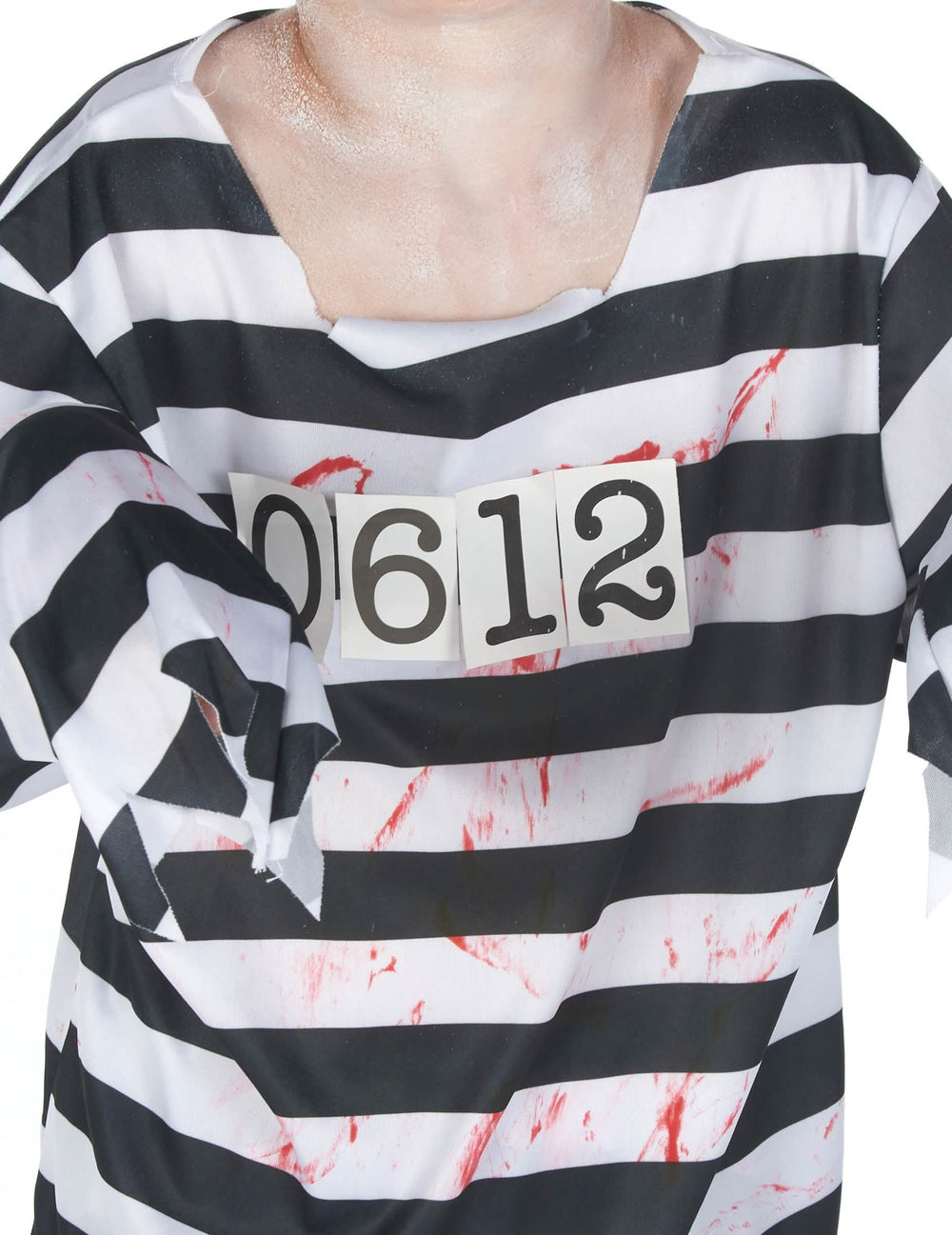 Costum de zombi prizonier pentru băiat, cu dungi negre și albe, însângerat