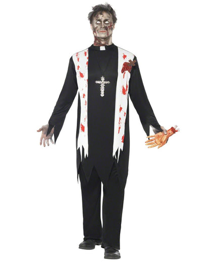 Costum de zombie religios pentru bărbați alb și negru, pătat cu sânge, cu cruce