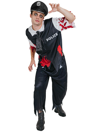 Déguisement zombie sanglant policier pour homme noir et blanc avec taches de sang