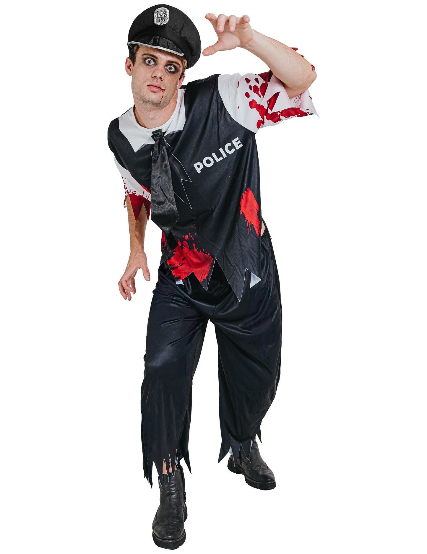 Déguisement zombie sanglant policier pour homme noir et blanc avec taches de sang