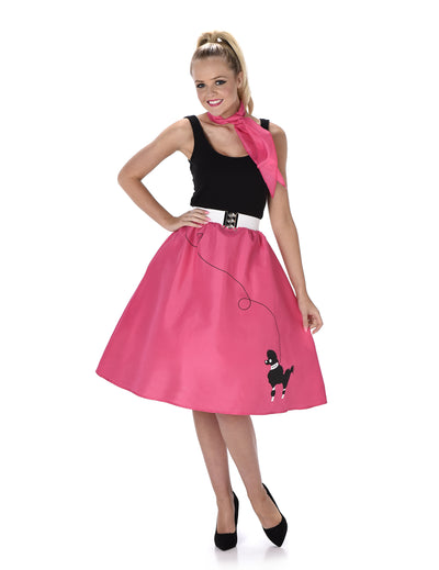 Déguisement années 50 pour femme rose fuchsia avec jupe caniche et foulard