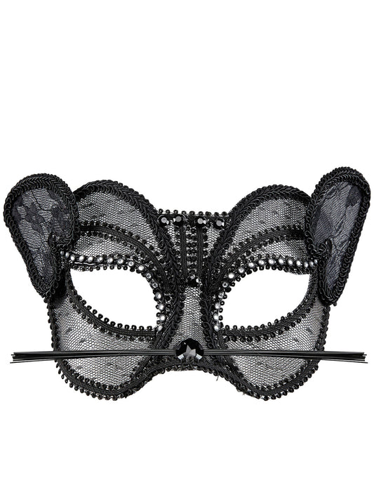 Vue de face du demi masque chat sexy en dentelle